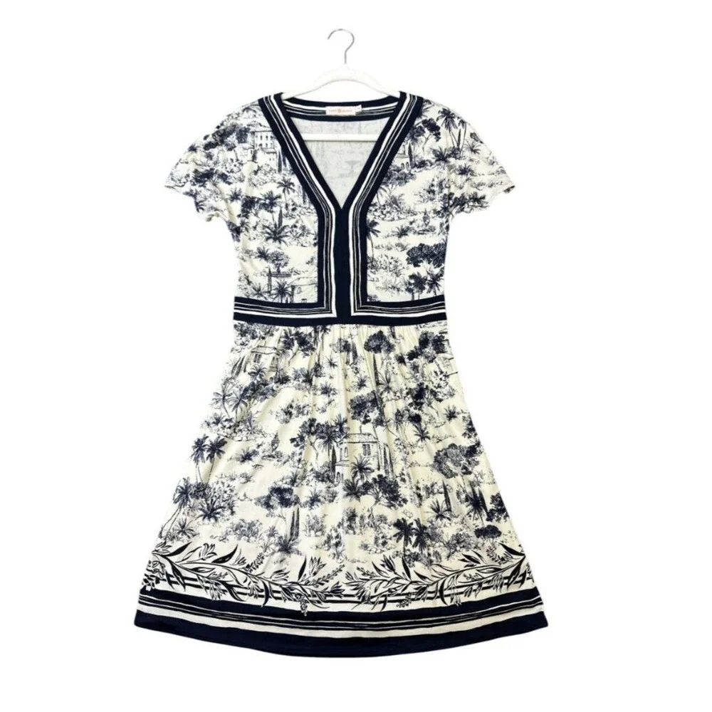 Tory Burch Silk Interlock Dress Blue Ivory Toile Print V-Neck Designer sz S/P